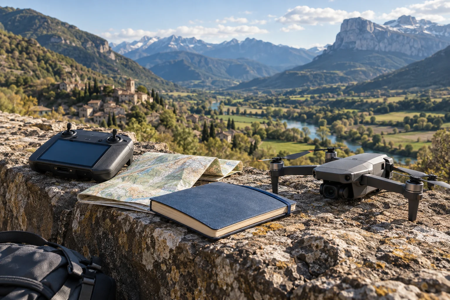 Equipo de fotografía aérea, mapa y cuaderno ante un valle de montaña