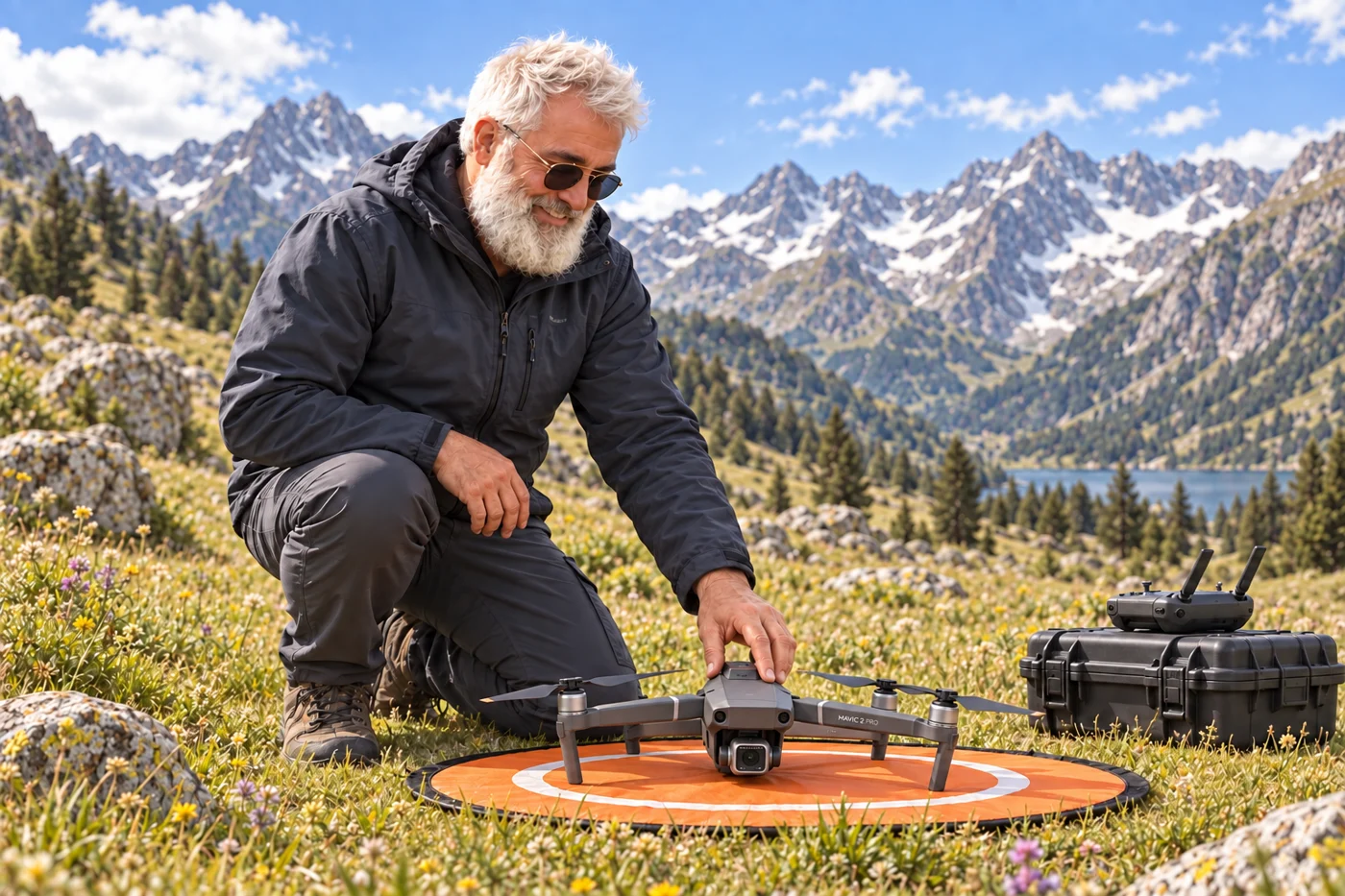 Ilustración de Eduardo preparando el dron en una zona de despegue en el valle